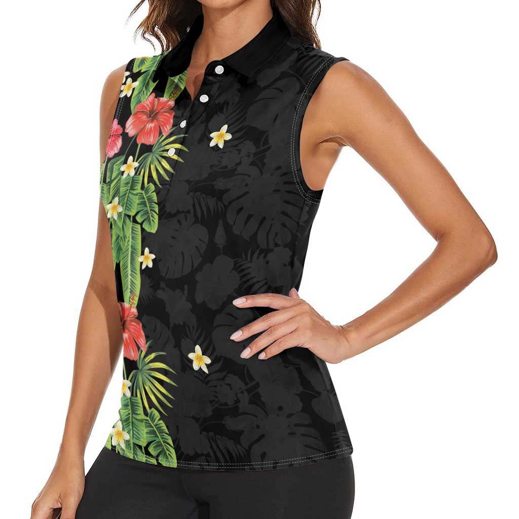 Hawaiian Hibiscus Plumeria Women Sleeveless Polo Shirt Tropical Leaves LT01 - Polynesian Pride