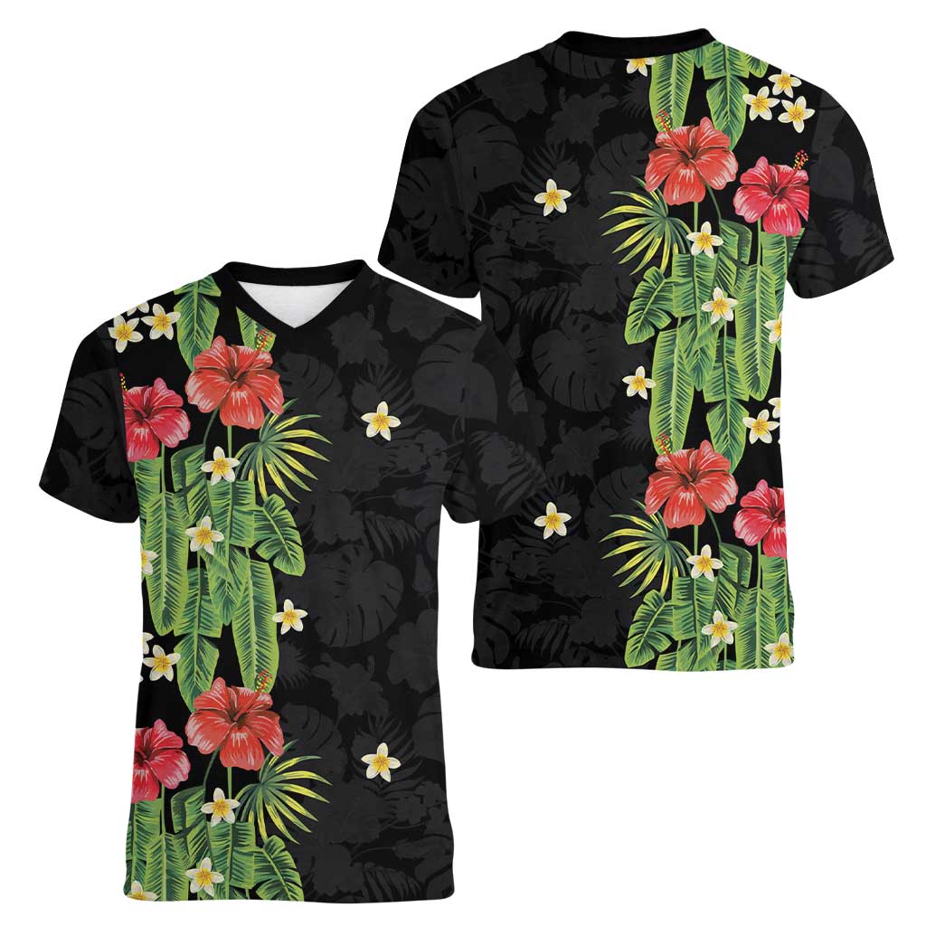 Hawaiian Hibiscus Plumeria Women V-Neck T-Shirt Tropical Leaves LT01 - Polynesian Pride