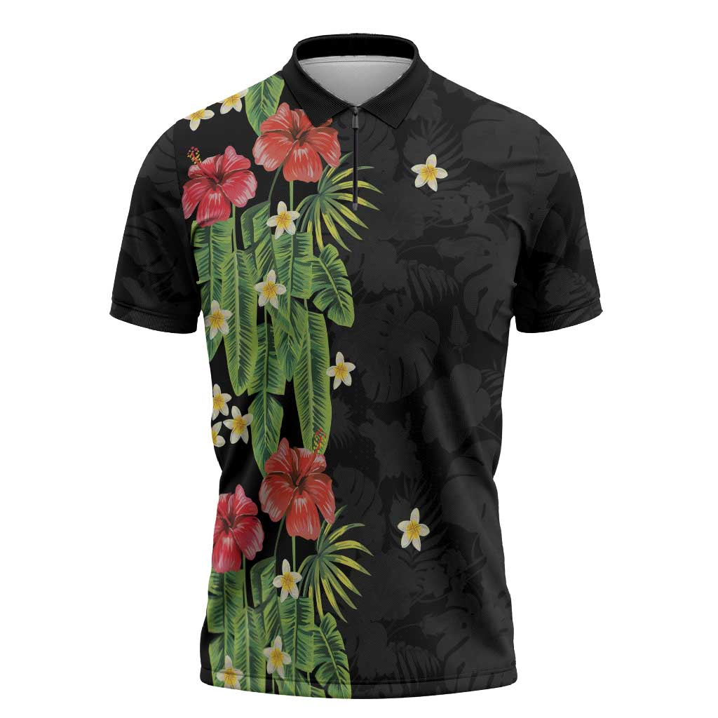 Hawaiian Hibiscus Plumeria Zipper Polo Shirt Tropical Leaves LT01 Black - Polynesian Pride