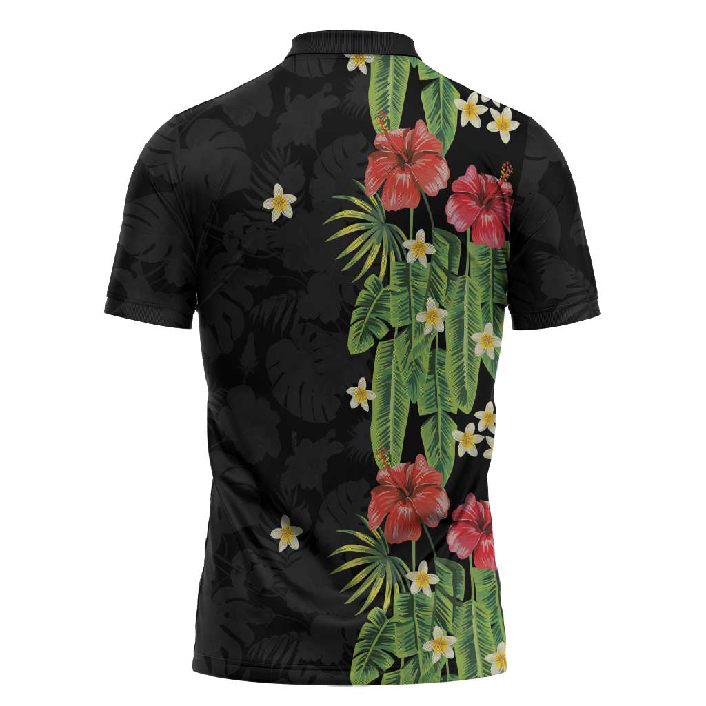 Hawaiian Hibiscus Plumeria Zipper Polo Shirt Tropical Leaves LT01 - Polynesian Pride
