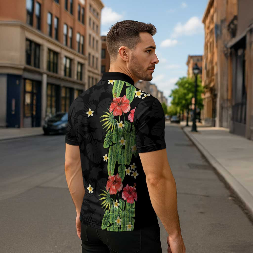 Hawaiian Hibiscus Plumeria Zipper Polo Shirt Tropical Leaves LT01 - Polynesian Pride