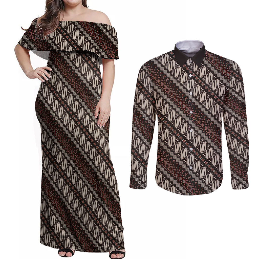 Yogyakarta Parang Batik Motifs Couples Matching Off Shoulder Maxi Dress and Long Sleeve Button Shirt Indonesian Traditional Pattern LT01 Brown - Polynesian Pride