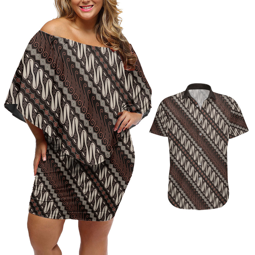 Yogyakarta Parang Batik Motifs Couples Matching Off Shoulder Short Dress and Hawaiian Shirt Indonesian Traditional Pattern