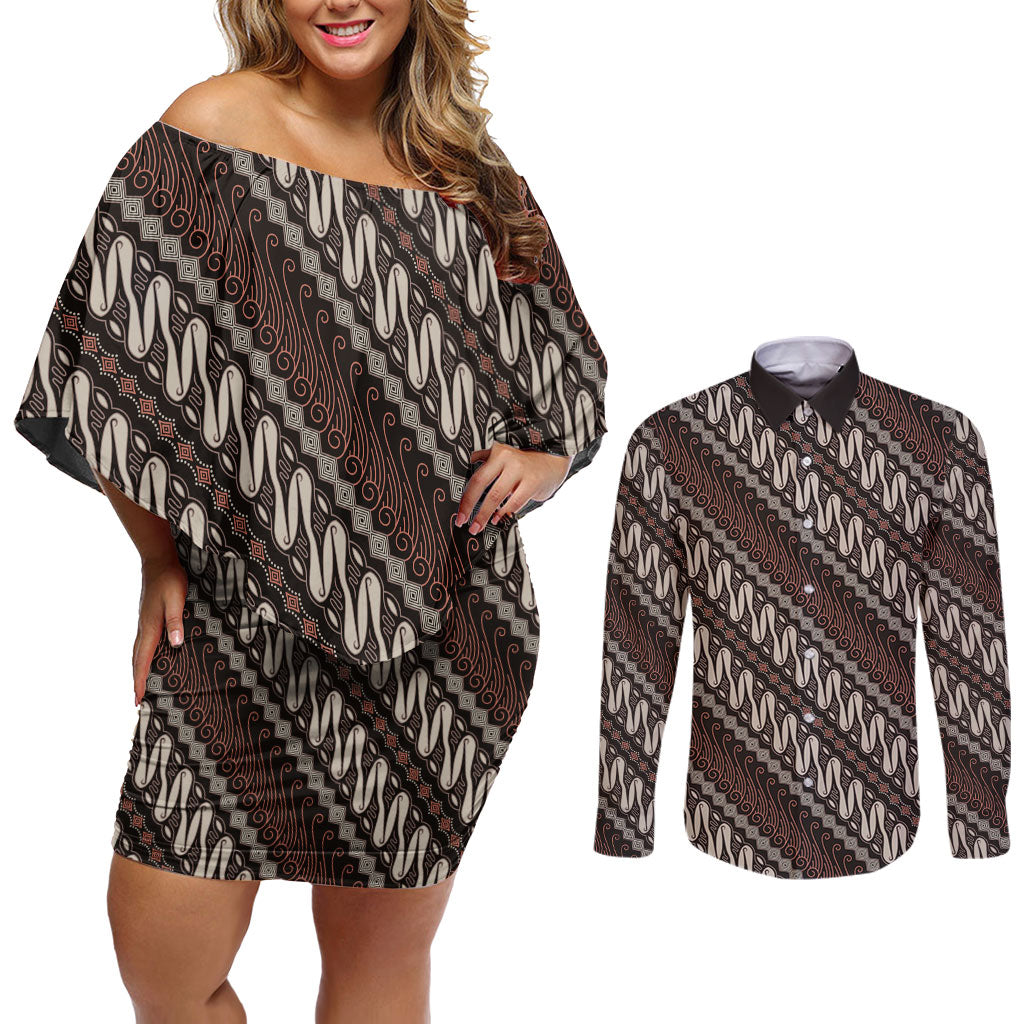 Yogyakarta Parang Batik Motifs Couples Matching Off Shoulder Short Dress and Long Sleeve Button Shirt Indonesian Traditional Pattern LT01 Brown - Polynesian Pride