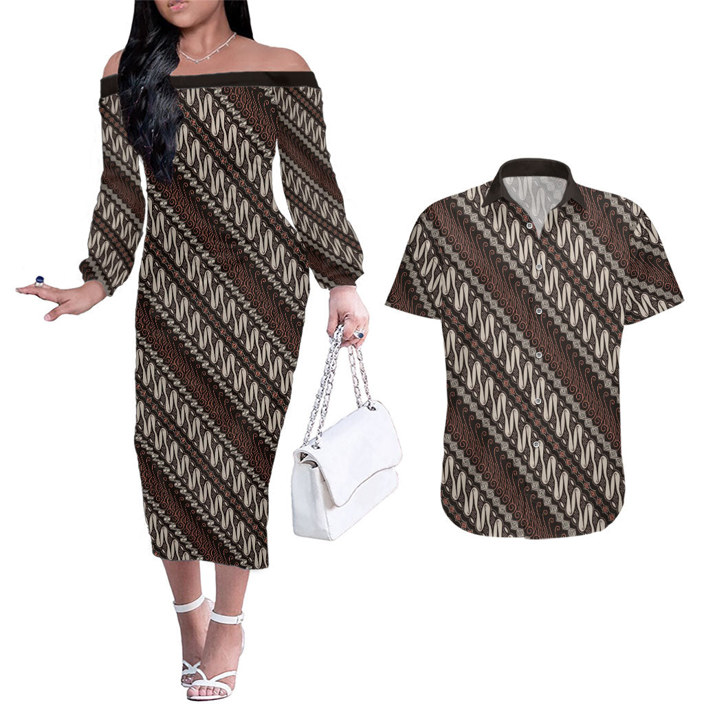 Yogyakarta Parang Batik Motifs Couples Matching Off The Shoulder Long Sleeve Dress and Hawaiian Shirt Indonesian Traditional Pattern LT01 Brown - Polynesian Pride