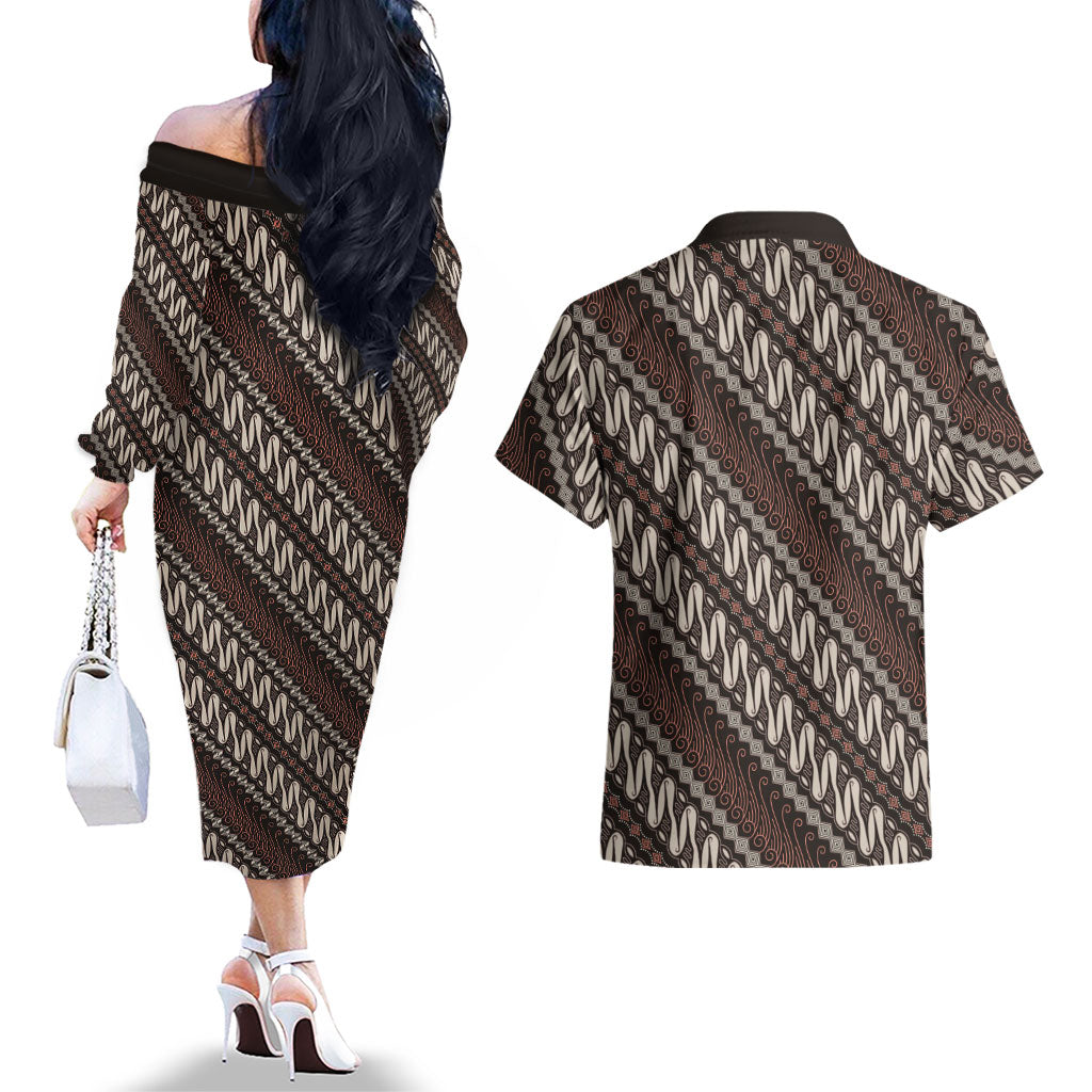 Yogyakarta Parang Batik Motifs Couples Matching Off The Shoulder Long Sleeve Dress and Hawaiian Shirt Indonesian Traditional Pattern