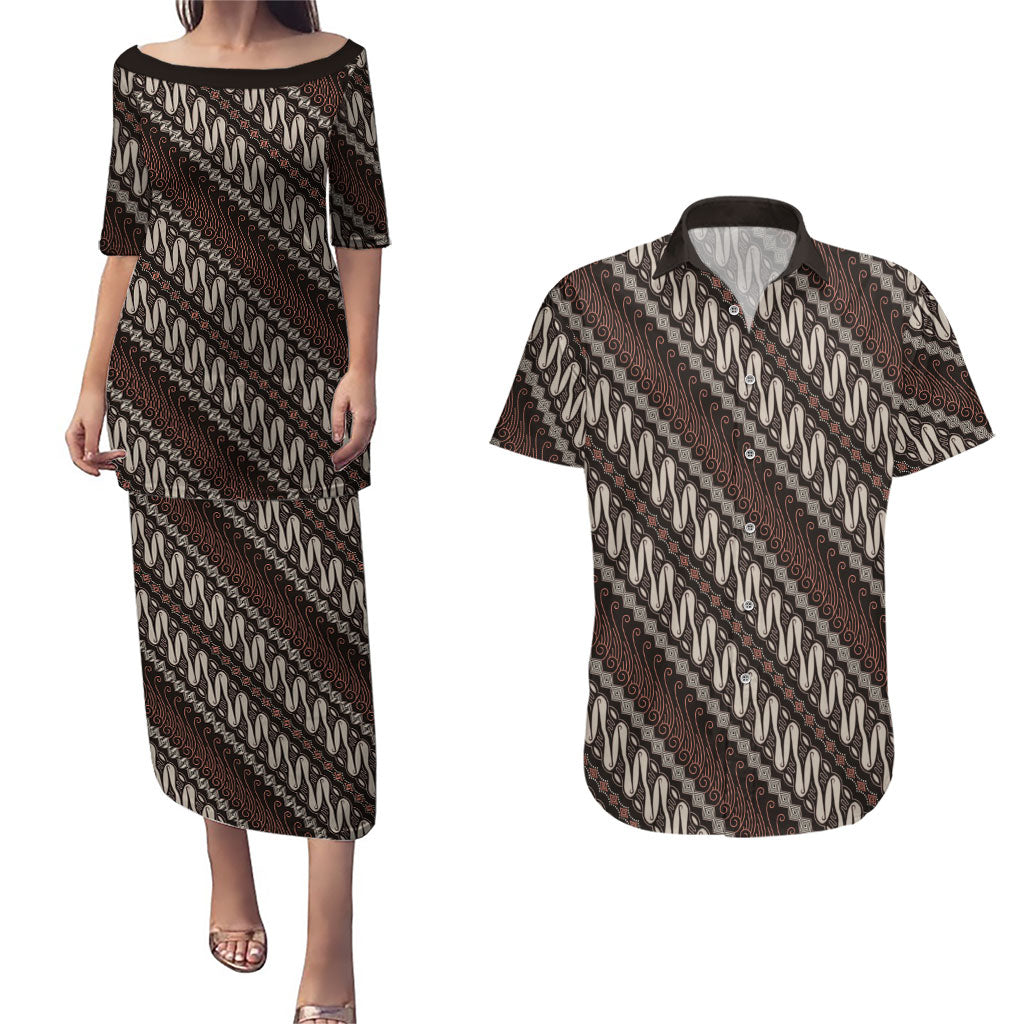 Yogyakarta Parang Batik Motifs Couples Matching Puletasi and Hawaiian Shirt Indonesian Traditional Pattern LT01 Brown - Polynesian Pride