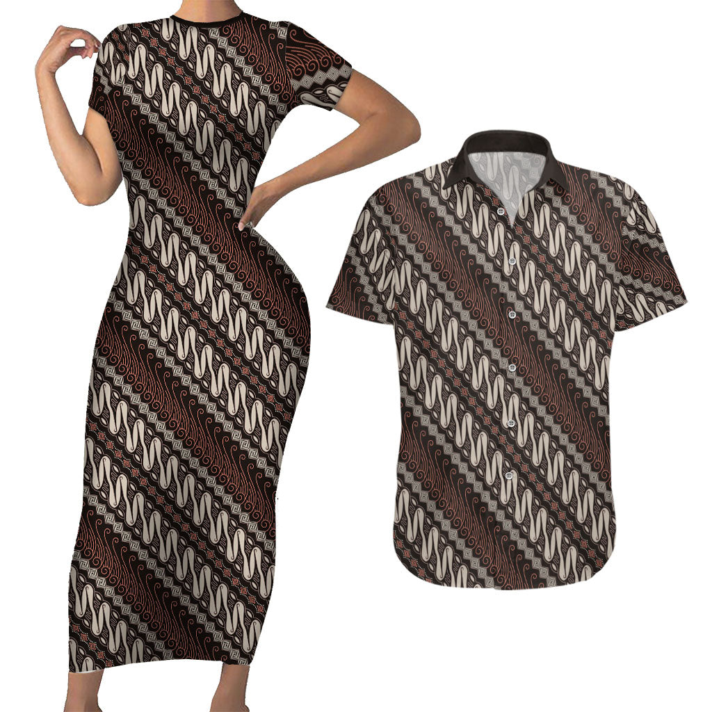 Yogyakarta Parang Batik Motifs Couples Matching Short Sleeve Bodycon Dress and Hawaiian Shirt Indonesian Traditional Pattern LT01 Brown - Polynesian Pride
