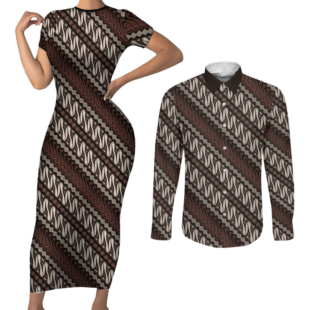 Yogyakarta Parang Batik Motifs Couples Matching Short Sleeve Bodycon Dress and Long Sleeve Button Shirt Indonesian Traditional Pattern