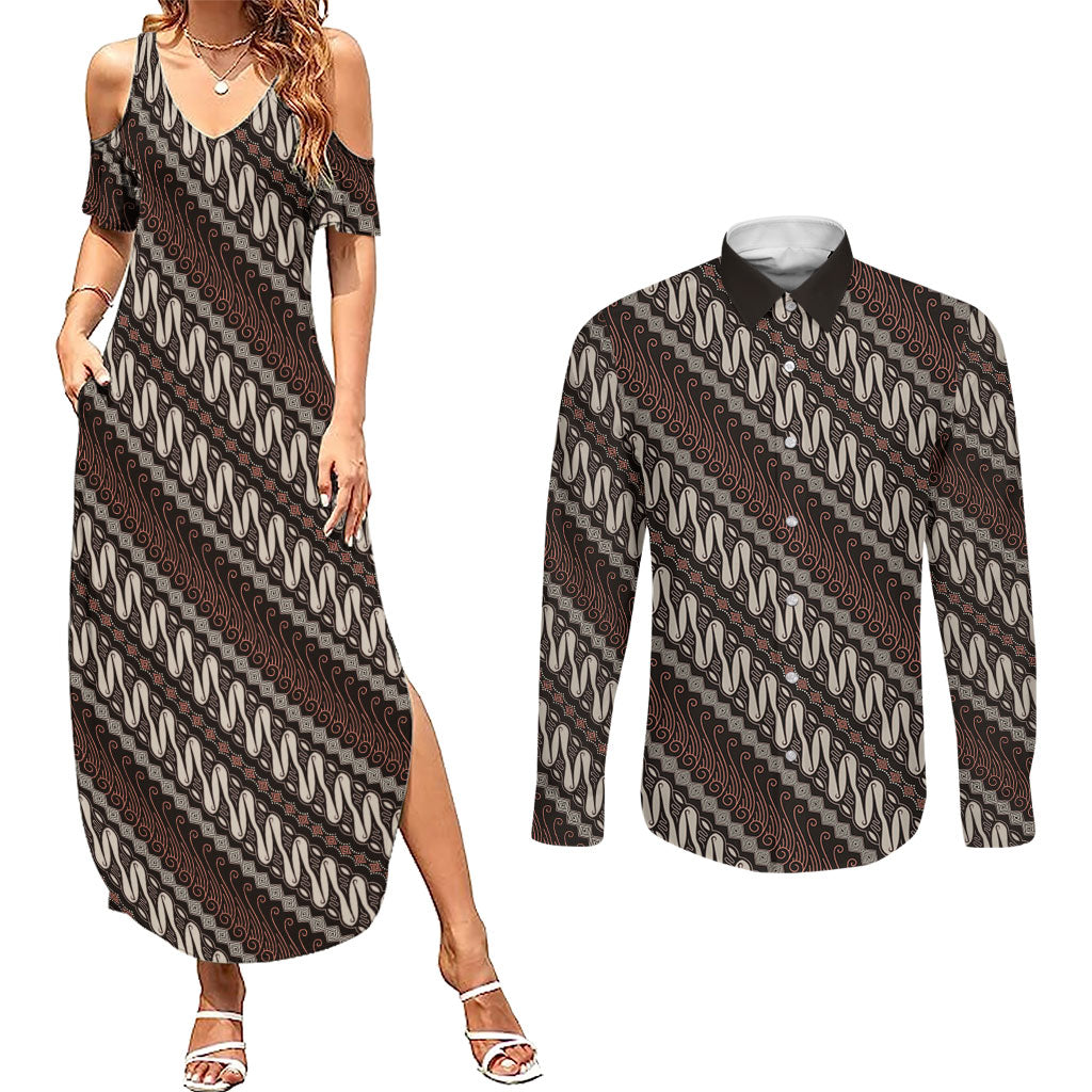 Yogyakarta Parang Batik Motifs Couples Matching Summer Maxi Dress and Long Sleeve Button Shirt Indonesian Traditional Pattern LT01 Brown - Polynesian Pride