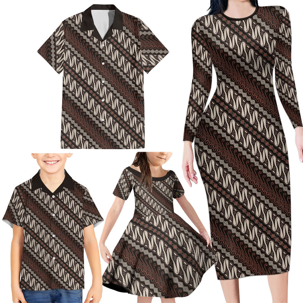 Yogyakarta Parang Batik Motifs Family Matching Long Sleeve Bodycon Dress and Hawaiian Shirt Indonesian Traditional Pattern