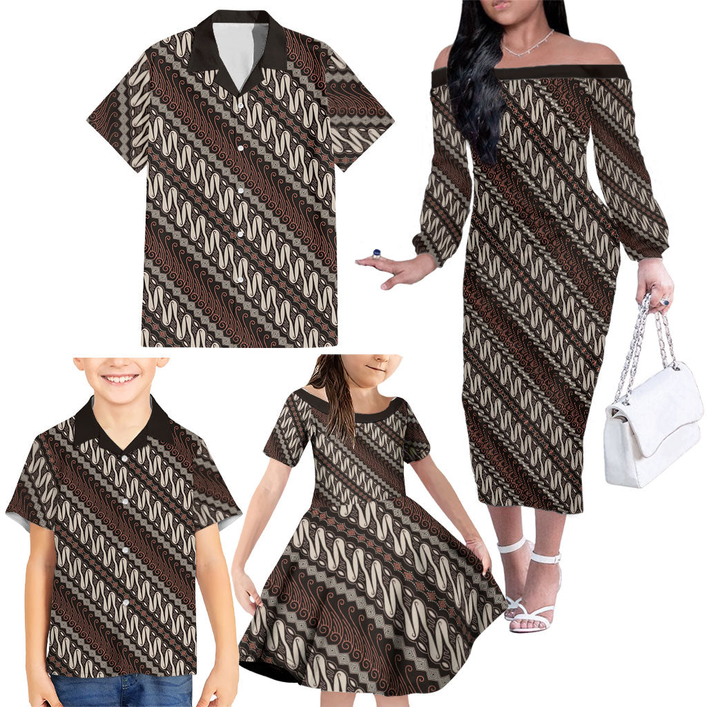 Yogyakarta Parang Batik Motifs Family Matching Off The Shoulder Long Sleeve Dress and Hawaiian Shirt Indonesian Traditional Pattern LT01 - Polynesian Pride