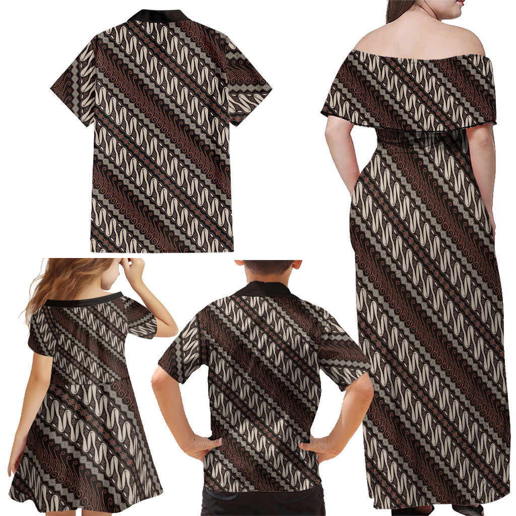 Yogyakarta Parang Batik Motifs Family Matching Off Shoulder Maxi Dress and Hawaiian Shirt Indonesian Traditional Pattern