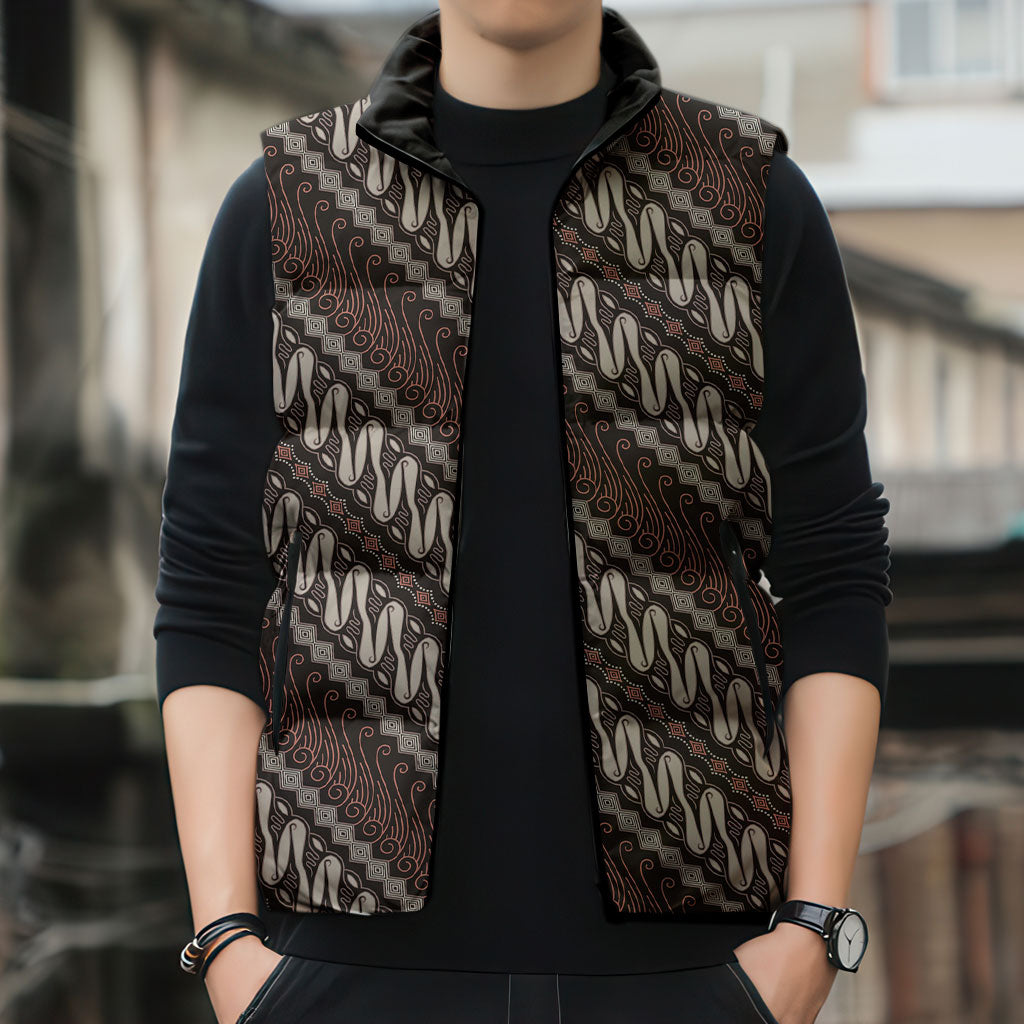 Yogyakarta Parang Batik Motifs Sleeveless Puffer Jacket Indonesian Traditional Pattern