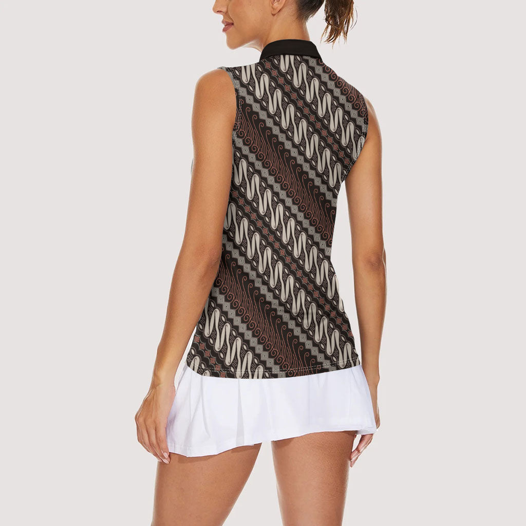 Yogyakarta Parang Batik Motifs Women Sleeveless Polo Shirt Indonesian Traditional Pattern