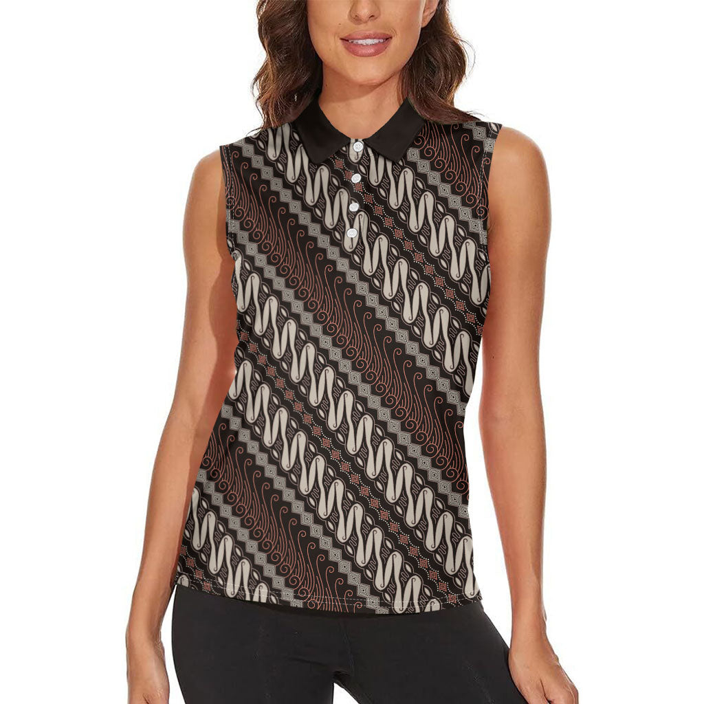 Yogyakarta Parang Batik Motifs Women Sleeveless Polo Shirt Indonesian Traditional Pattern