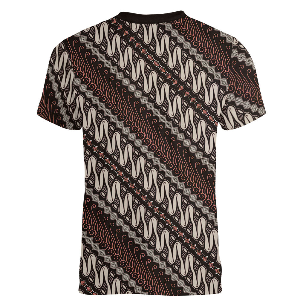Yogyakarta Parang Batik Motifs Women V-Neck T-Shirt Indonesian Traditional Pattern