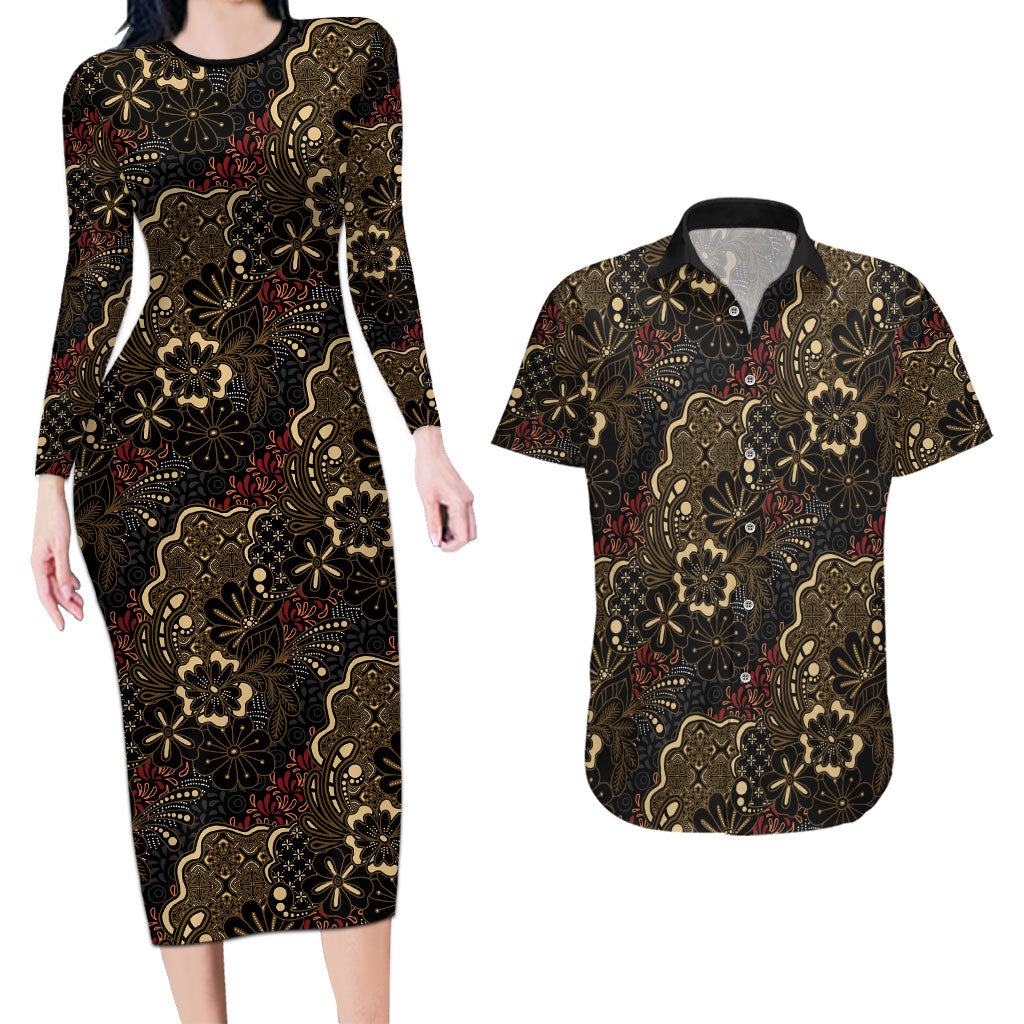 Batik Sekar Jagad Couples Matching Long Sleeve Bodycon Dress and Hawaiian Shirt Indonesian Traditional Pattern LT01 Black - Polynesian Pride