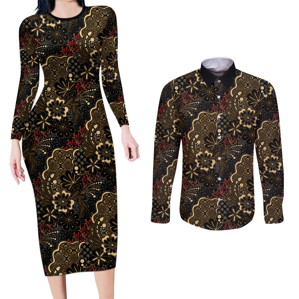 Batik Sekar Jagad Couples Matching Long Sleeve Bodycon Dress and Long Sleeve Button Shirt Indonesian Traditional Pattern LT01 Black - Polynesian Pride