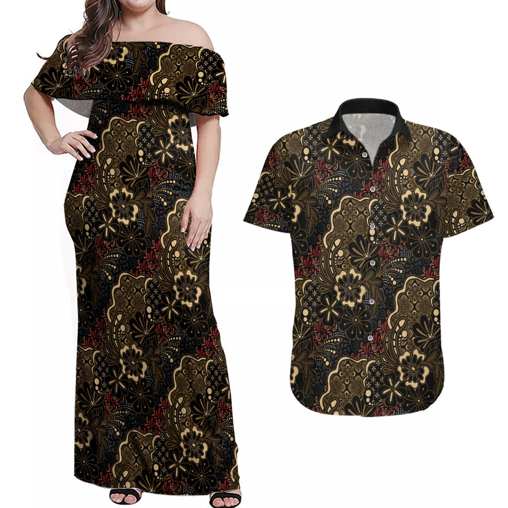 Batik Sekar Jagad Couples Matching Off Shoulder Maxi Dress and Hawaiian Shirt Indonesian Traditional Pattern LT01 Black - Polynesian Pride