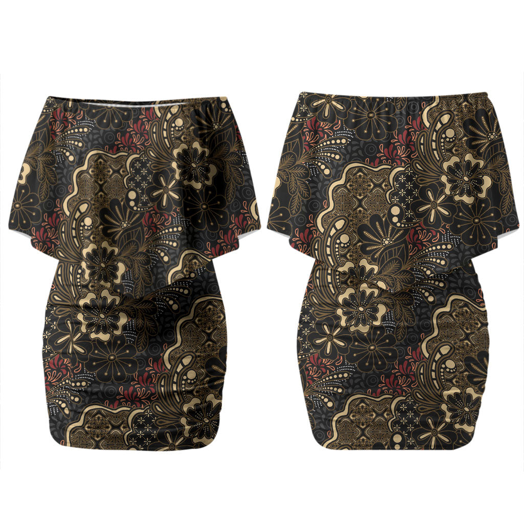 Batik Sekar Jagad Couples Matching Off Shoulder Short Dress and Long Sleeve Button Shirt Indonesian Traditional Pattern LT01 - Polynesian Pride