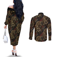 Batik Sekar Jagad Couples Matching Off The Shoulder Long Sleeve Dress and Long Sleeve Button Shirt Indonesian Traditional Pattern