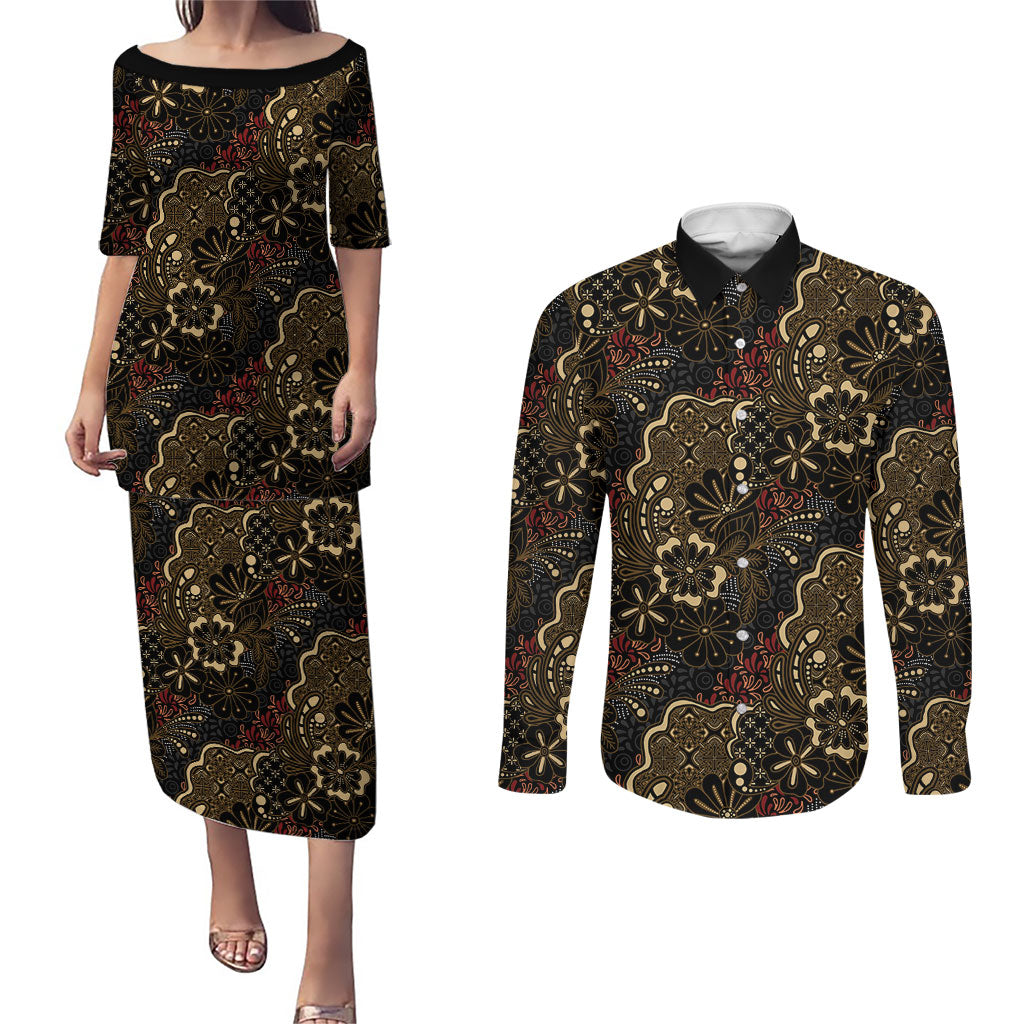 Batik Sekar Jagad Couples Matching Puletasi and Long Sleeve Button Shirt Indonesian Traditional Pattern LT01 Black - Polynesian Pride