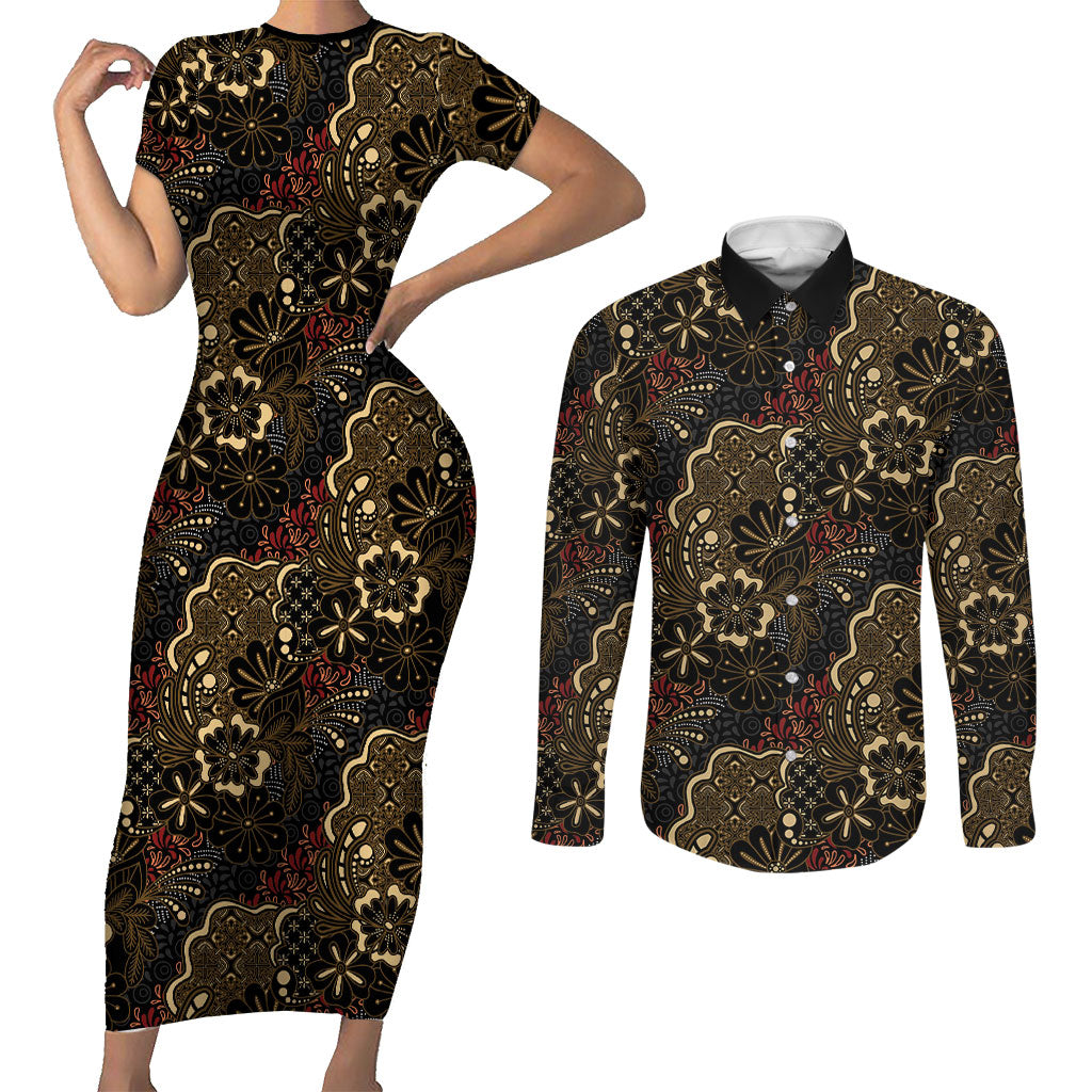 Batik Sekar Jagad Couples Matching Short Sleeve Bodycon Dress and Long Sleeve Button Shirt Indonesian Traditional Pattern LT01 Black - Polynesian Pride