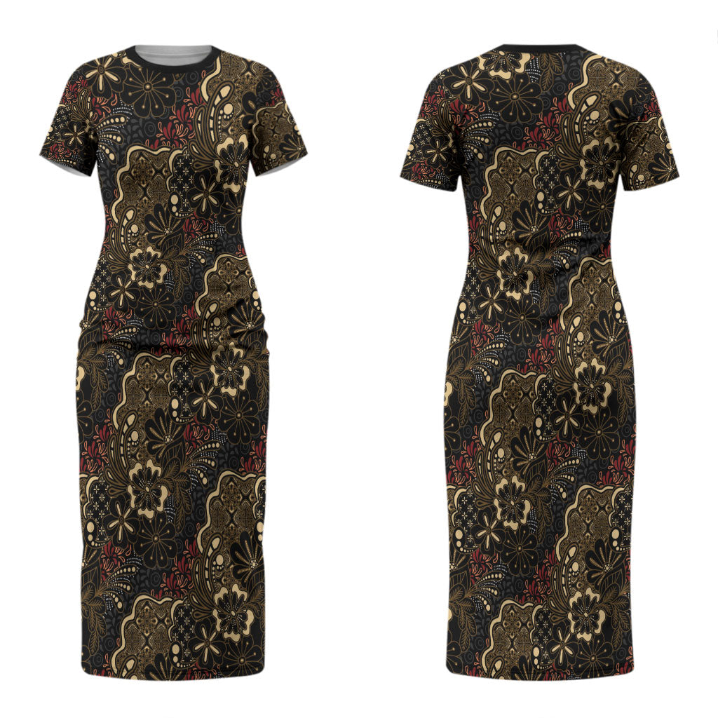 Batik Sekar Jagad Couples Matching Short Sleeve Bodycon Dress and Long Sleeve Button Shirt Indonesian Traditional Pattern LT01 - Polynesian Pride
