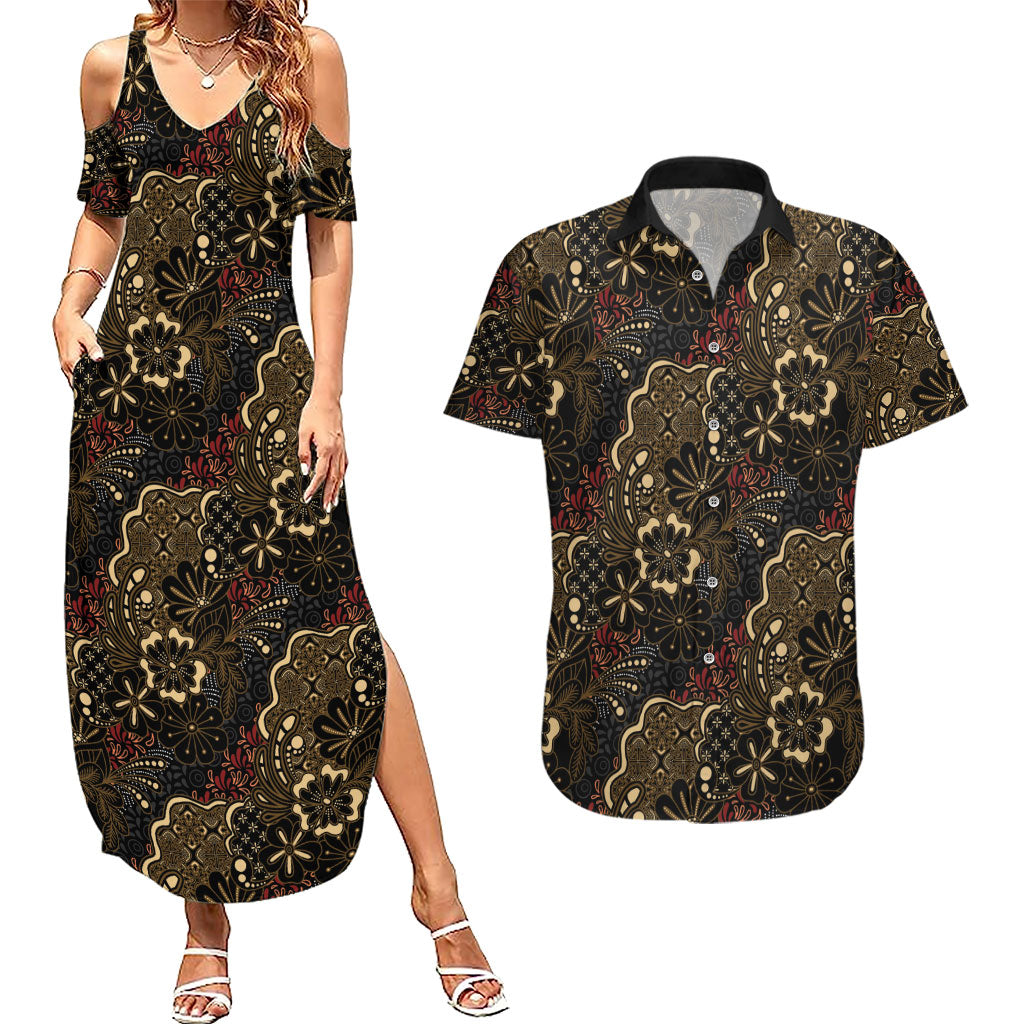 Batik Sekar Jagad Couples Matching Summer Maxi Dress and Hawaiian Shirt Indonesian Traditional Pattern LT01 Black - Polynesian Pride