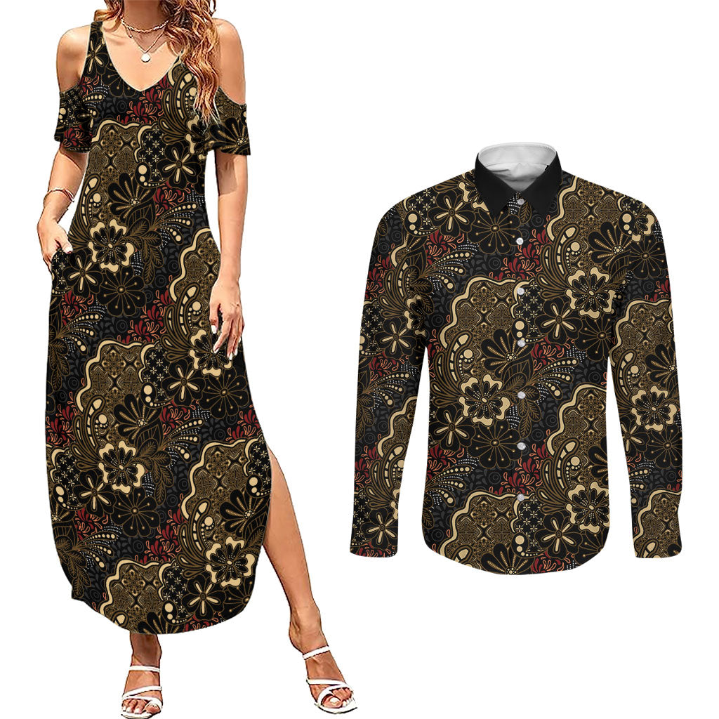Batik Sekar Jagad Couples Matching Summer Maxi Dress and Long Sleeve Button Shirt Indonesian Traditional Pattern LT01 Black - Polynesian Pride