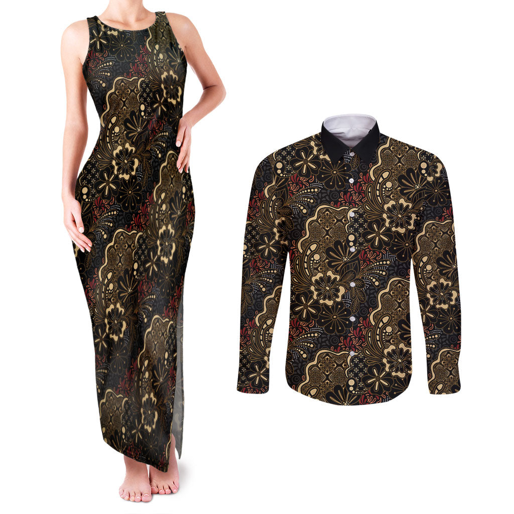 Batik Sekar Jagad Couples Matching Tank Maxi Dress and Long Sleeve Button Shirt Indonesian Traditional Pattern