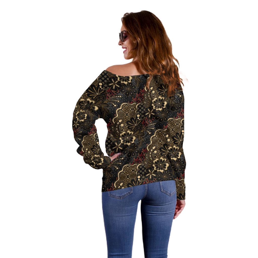 Batik Sekar Jagad Off Shoulder Sweater Indonesian Traditional Pattern
