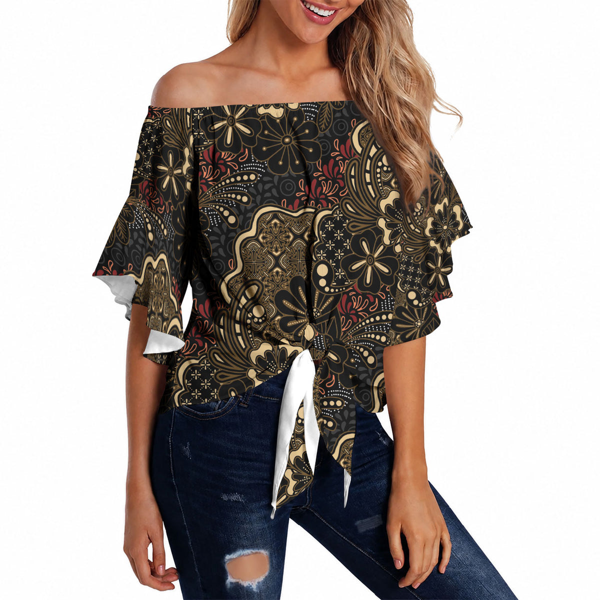 Batik Sekar Jagad Off Shoulder Wrap Waist Top Indonesian Traditional Pattern LT01 - Polynesian Pride