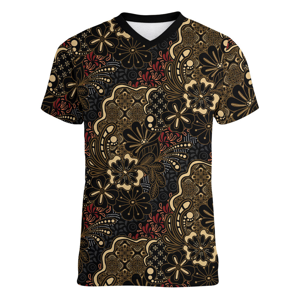 Batik Sekar Jagad Women V-Neck T-Shirt Indonesian Traditional Pattern