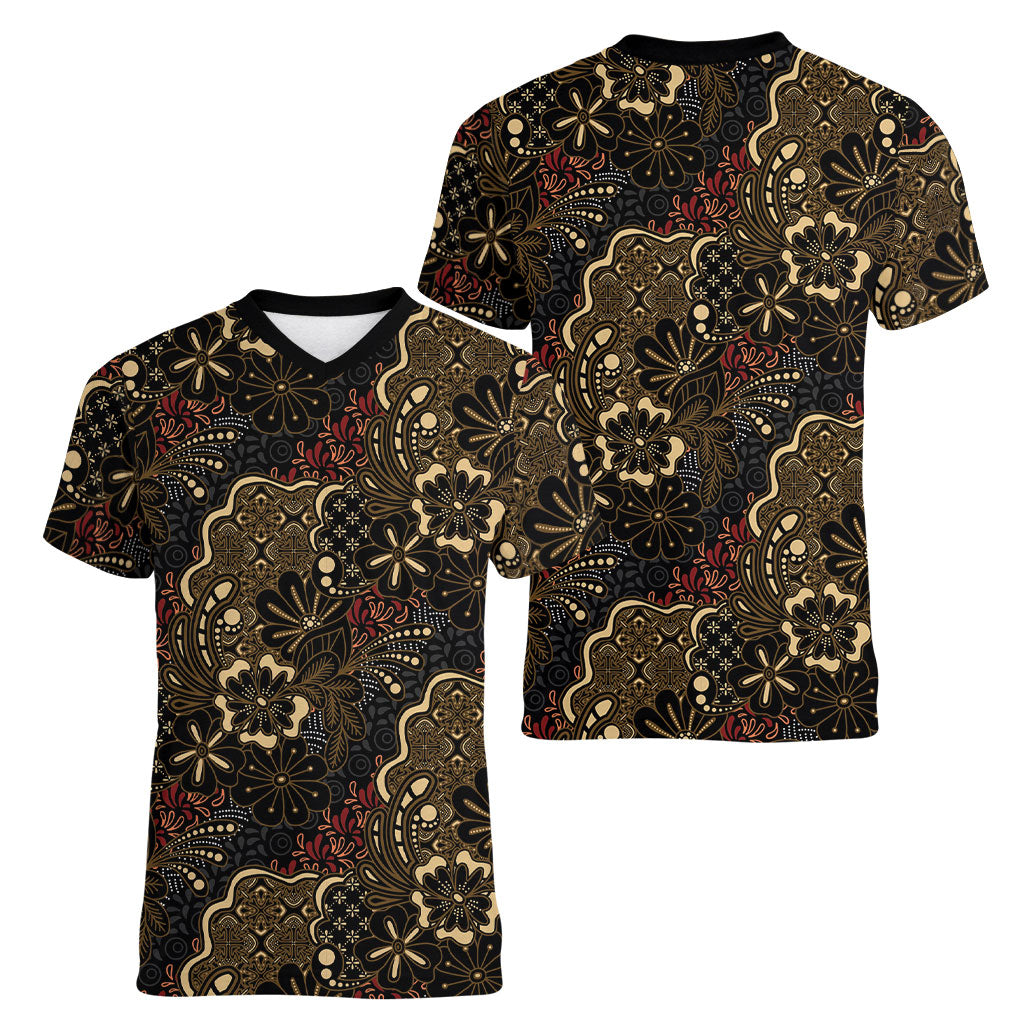 Batik Sekar Jagad Women V-Neck T-Shirt Indonesian Traditional Pattern
