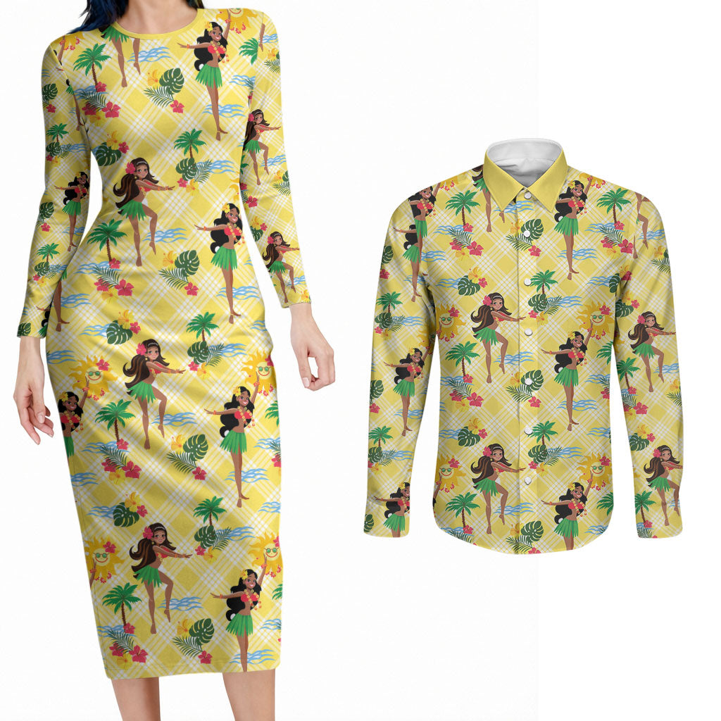 Hawaii Hula Girl Tropical Couples Matching Long Sleeve Bodycon Dress and Long Sleeve Button Shirt Yellow Palaka