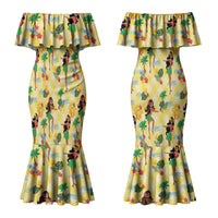 Hawaii Hula Girl Tropical Couples Matching Mermaid Dress and Hawaiian Shirt Yellow Palaka
