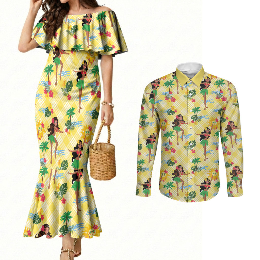 Hawaii Hula Girl Tropical Couples Matching Mermaid Dress and Long Sleeve Button Shirt Yellow Palaka LT01 Yellow - Polynesian Pride