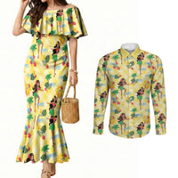 Hawaii Hula Girl Tropical Couples Matching Mermaid Dress and Long Sleeve Button Shirt Yellow Palaka LT01 Yellow - Polynesian Pride