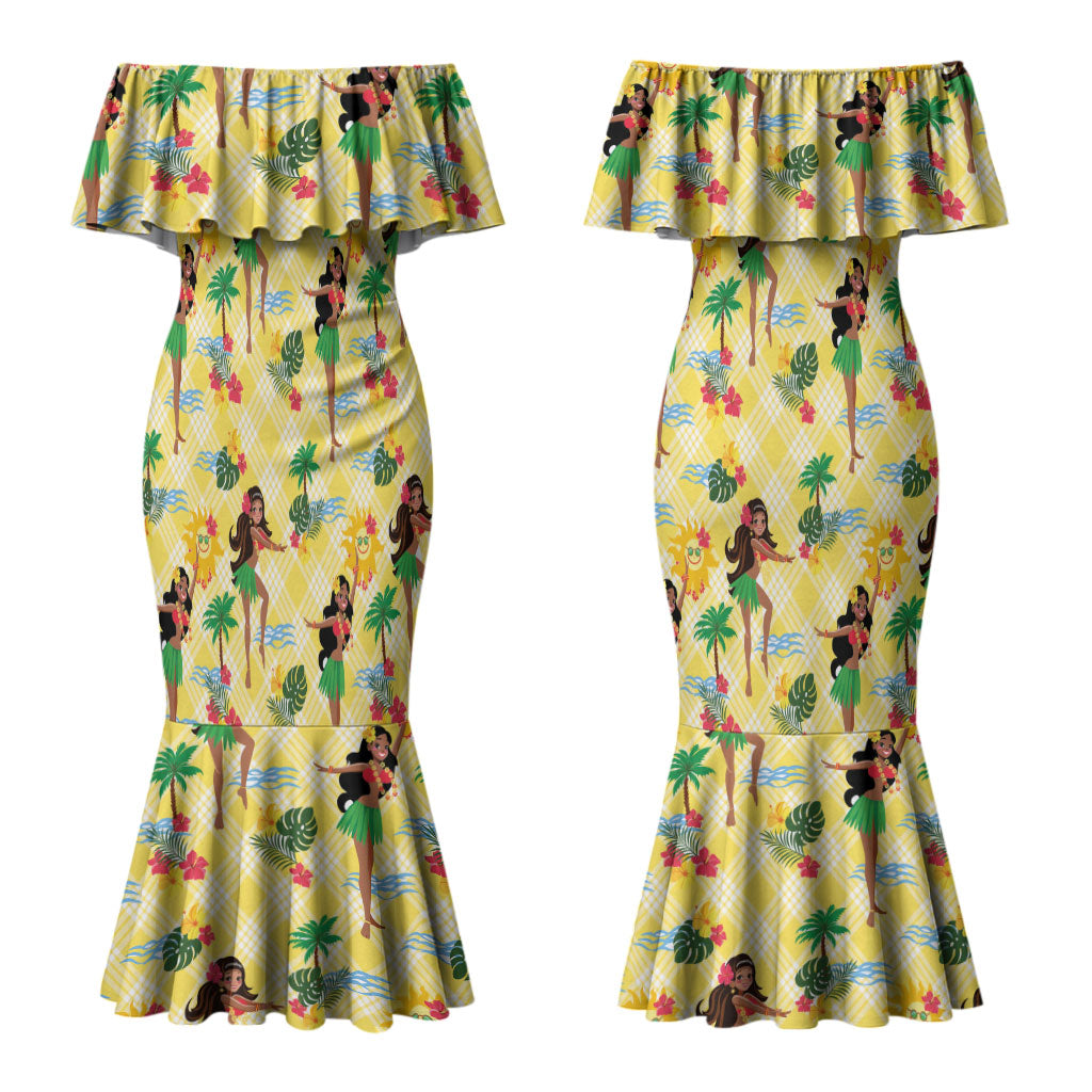 Hawaii Hula Girl Tropical Couples Matching Mermaid Dress and Long Sleeve Button Shirt Yellow Palaka LT01 - Polynesian Pride