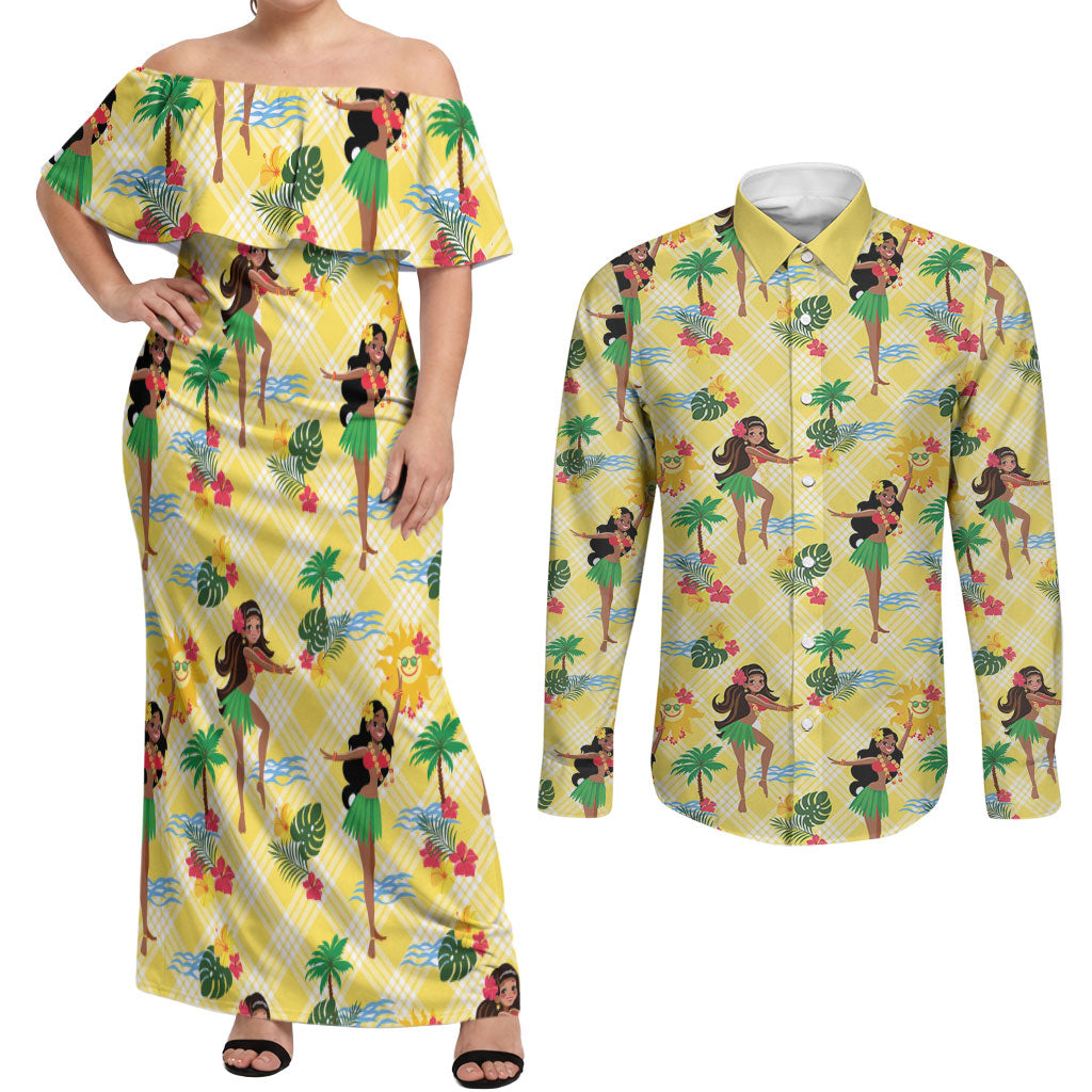 Hawaii Hula Girl Tropical Couples Matching Off Shoulder Maxi Dress and Long Sleeve Button Shirt Yellow Palaka