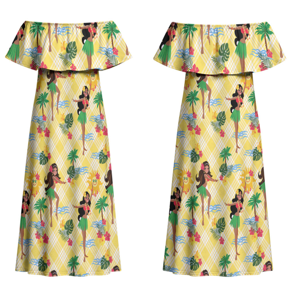 Hawaii Hula Girl Tropical Couples Matching Off Shoulder Maxi Dress and Long Sleeve Button Shirt Yellow Palaka