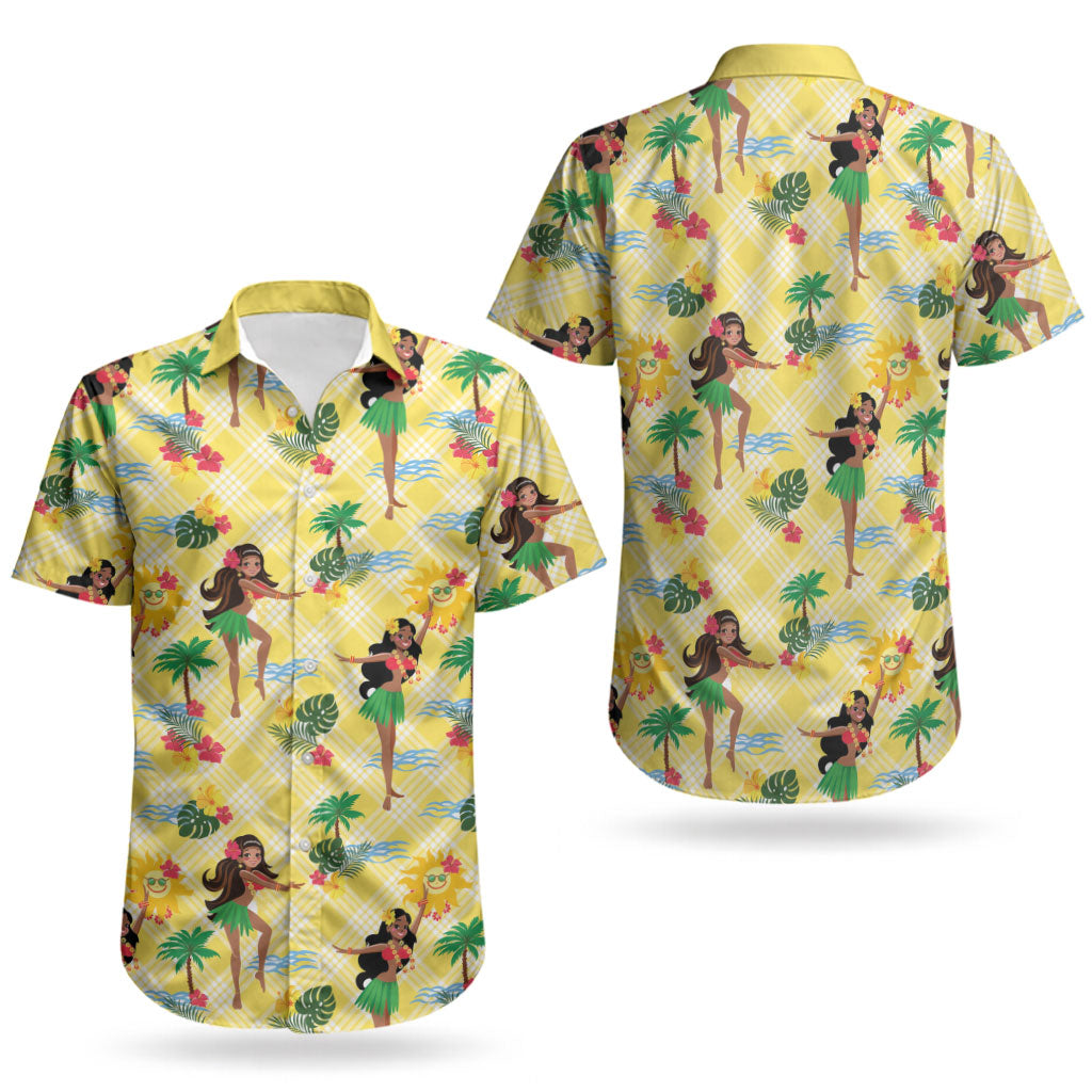 Hawaii Hula Girl Tropical Couples Matching Short Sleeve Bodycon Dress and Hawaiian Shirt Yellow Palaka