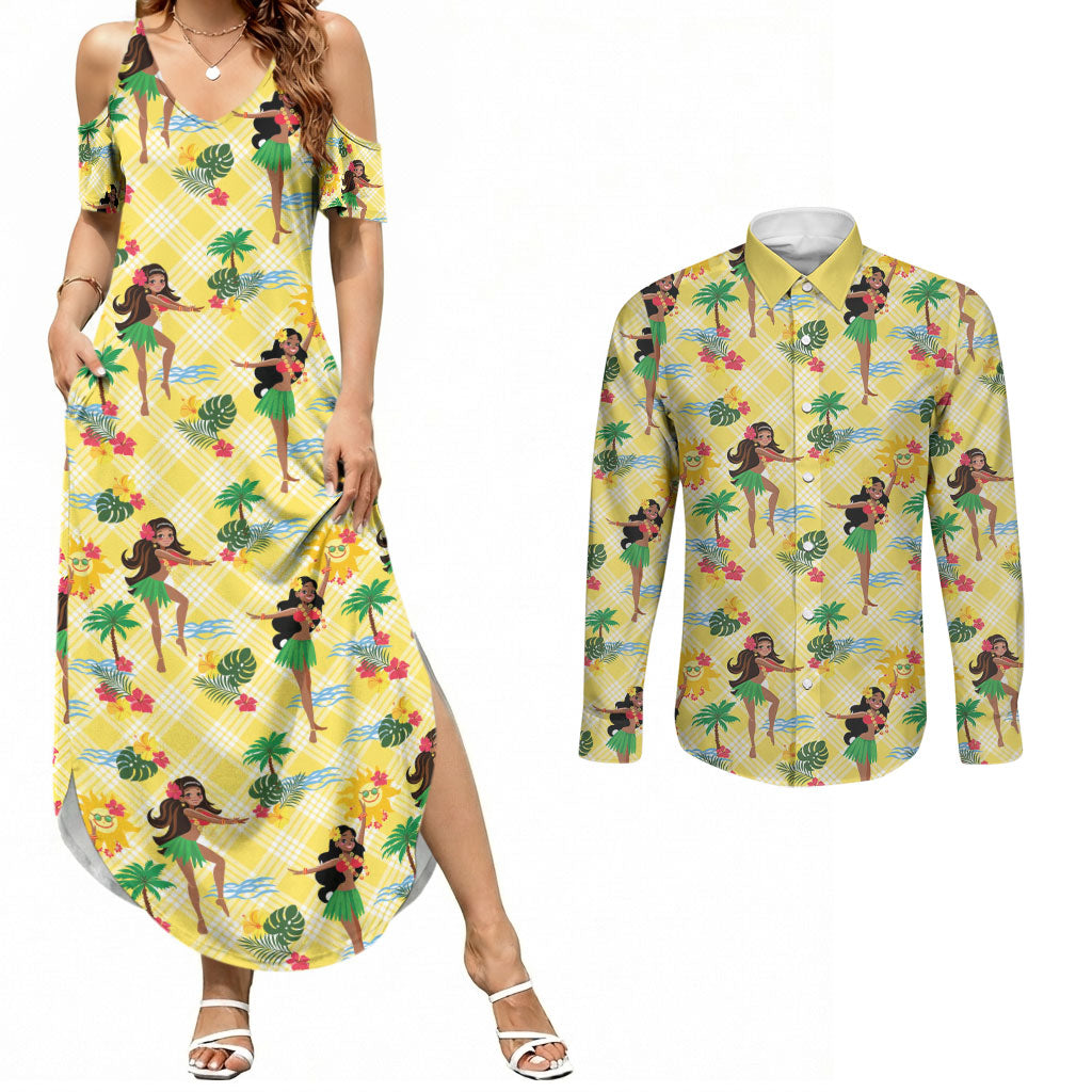 Hawaii Hula Girl Tropical Couples Matching Summer Maxi Dress and Long Sleeve Button Shirt Yellow Palaka
