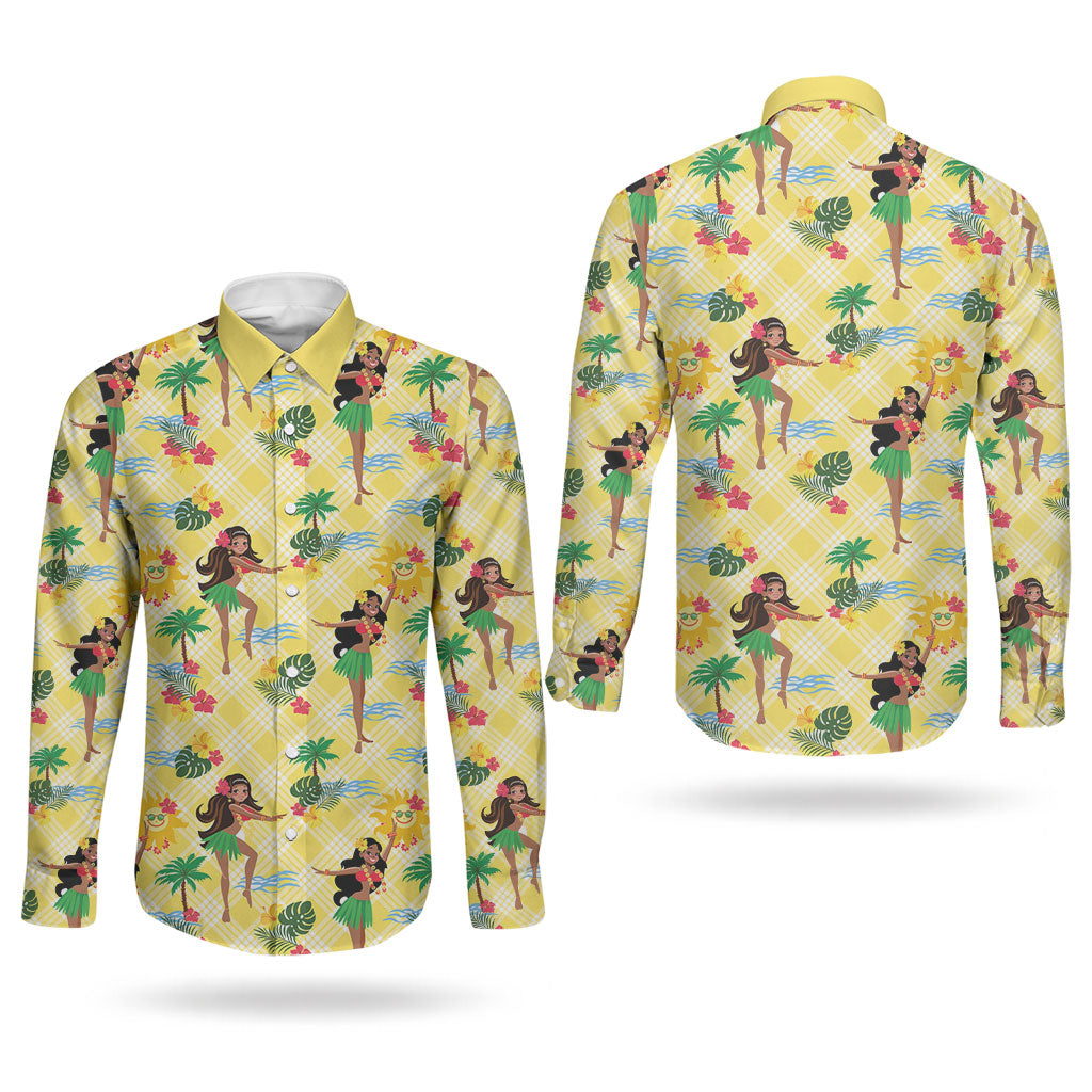 Hawaii Hula Girl Tropical Couples Matching Summer Maxi Dress and Long Sleeve Button Shirt Yellow Palaka