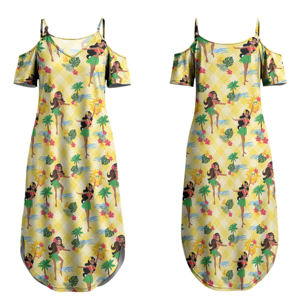 Hawaii Hula Girl Tropical Couples Matching Summer Maxi Dress and Long Sleeve Button Shirt Yellow Palaka