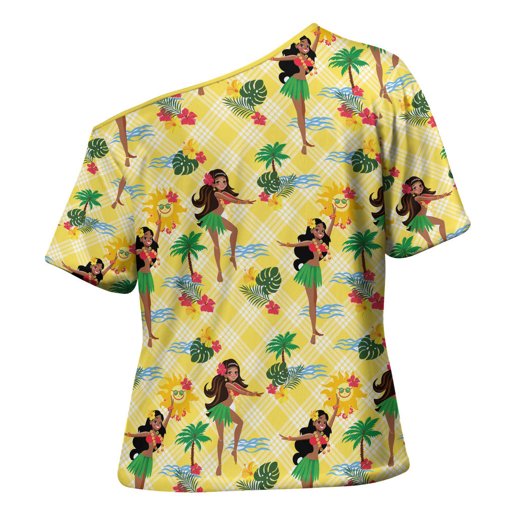 Hawaii Hula Girl Tropical Cross Shoulder Shirt Yellow Palaka