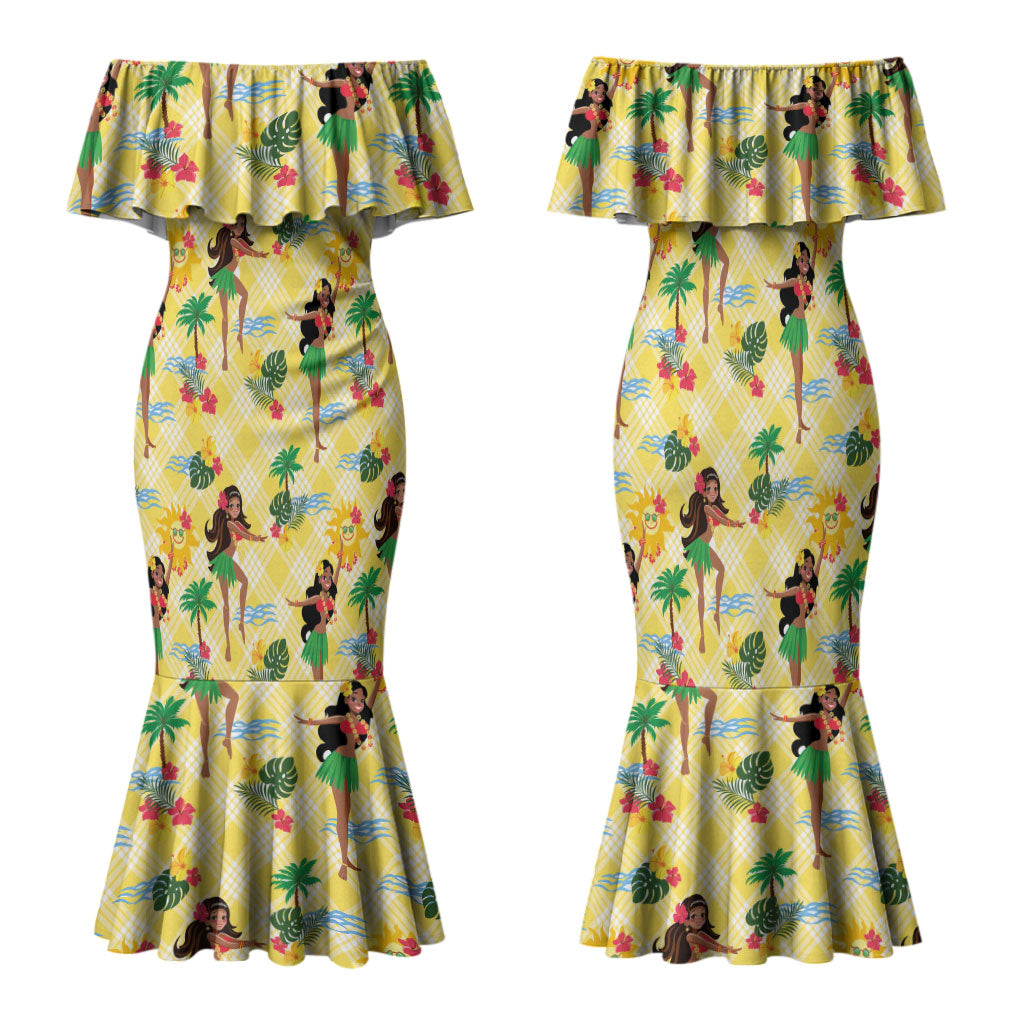 Hawaii Hula Girl Tropical Family Matching Mermaid Dress and Hawaiian Shirt Yellow Palaka