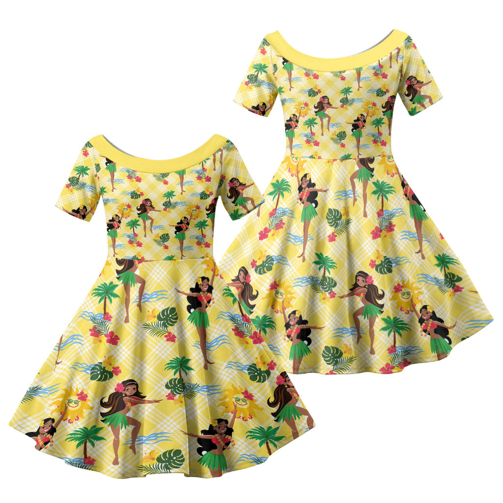 Hawaii Hula Girl Tropical Family Matching Mermaid Dress and Hawaiian Shirt Yellow Palaka